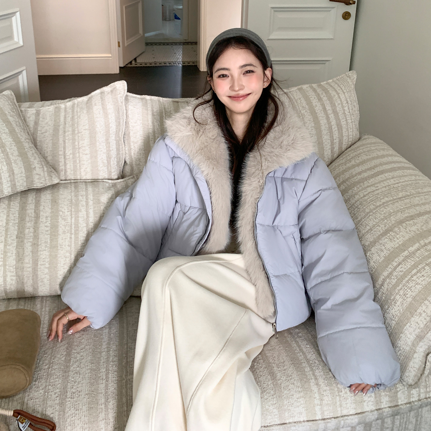 毛毛拼接韩系大毛领棉服女短款冬季高级感加厚保暖棉衣面包服外套