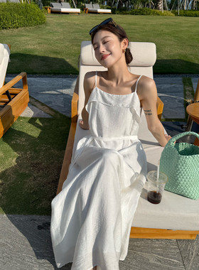 mootea抹茶家正品夏季新款韩系气质荷叶边吊带裙度假风超好看长裙