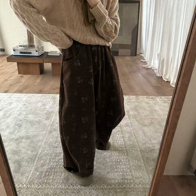 东大门2025秋冬新品韩版宽松显瘦复古花朵腔调松紧腰直筒裤女