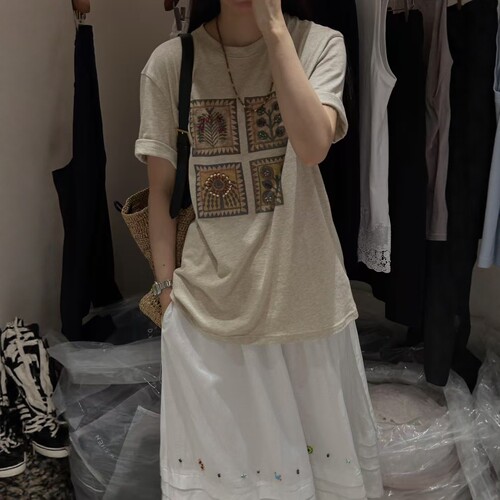 2026夏季新款韩版宽松显瘦百搭圆领短袖麻料T恤女设计感小众上衣