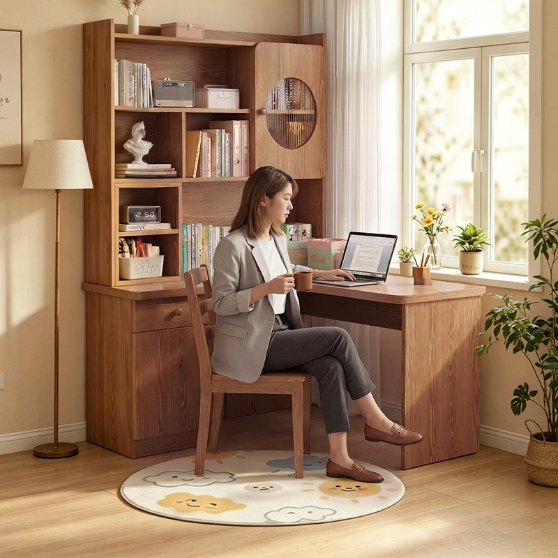 转角书桌书架一体现代简约家用学生学习写字桌卧室台式实木电脑桌