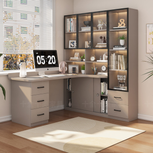 转角书桌书架一体家用学习桌带书柜储物组合卧室办公桌台式电脑桌