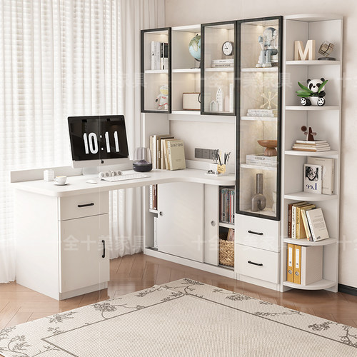 转角书桌书架一体桌带书柜组合