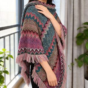 26新款女士民族风披肩流苏套头穿搭旅行斗篷外搭披风刘亦菲同款