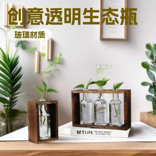 创意室内桌面木架水培透明试管玻璃瓶绿植小花瓶植物瓶器生态瓶