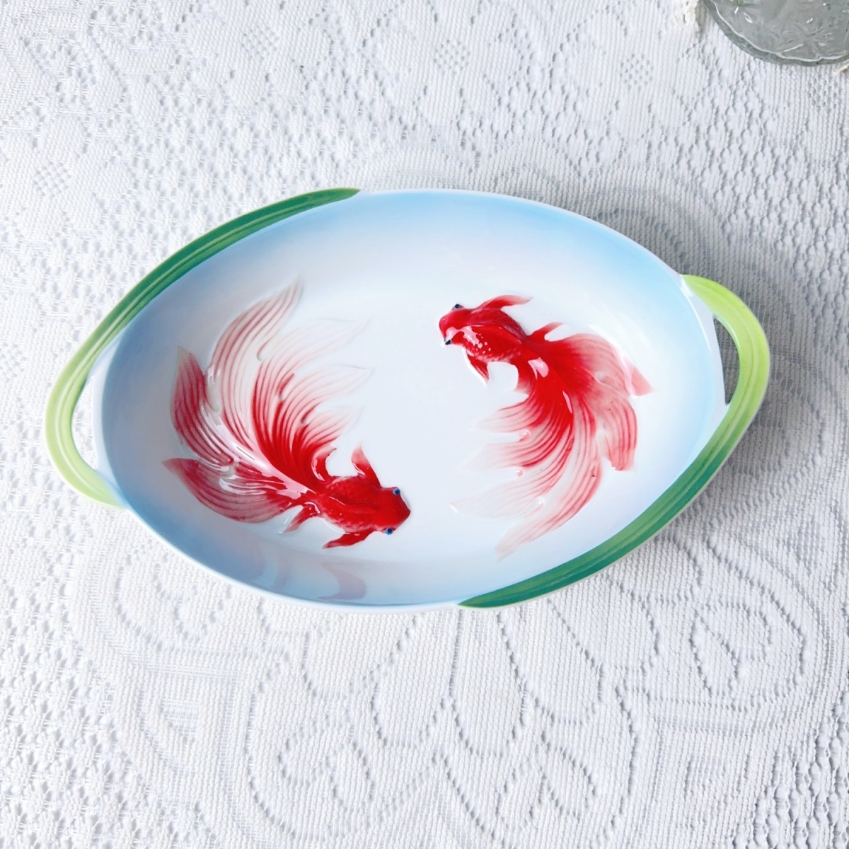 手绘双耳碗釉下彩珐琅瓷8英寸深盘家用汤菜碗微波炉烤箱空气炸锅