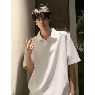 复古cleanfit正肩T恤高级感青少年半袖 美式 夏季 男款 翻领白色短袖