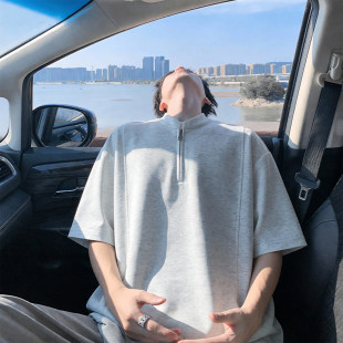 潮牌潮流POLO衫 青少年宽松上衣美式 t恤男夏季 重磅半拉链正肩短袖