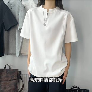 cleanfit拼接polo衫 半拉链重磅短袖 美式 白色亨利领正肩t恤男夏季