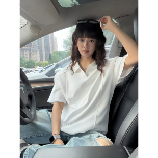 潮牌痞帅正肩t恤boxy拼接翻领半袖 白色海鸥领POLO衫 夏季 男款 短袖