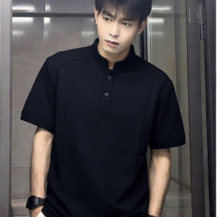 男生春夏季 polo衫 宽松亨利领t恤结构上衣 复古短袖 黑色高级感美式