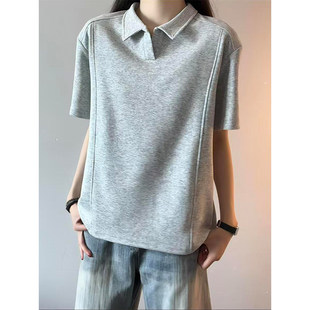 男款 潮牌五分半袖 夏季 正肩polo衫 t恤 海鸥领美式 灰色解构重磅短袖