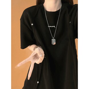 小领口半袖 黑色铆钉解构正肩短袖 潮牌高级感痞帅t恤美式 夏季 男款