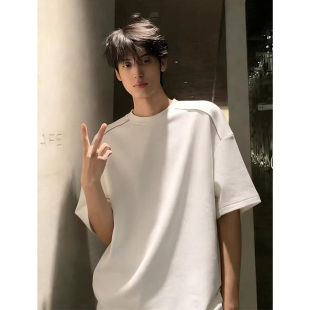 T恤男夏宽松ins潮牌痞帅半袖 美式 复古潮流高级感拉链重磅纯棉短袖