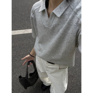 短袖 复古cleanfit正肩V领T恤五分袖 男款 美式 夏季 boxy解构polo衫