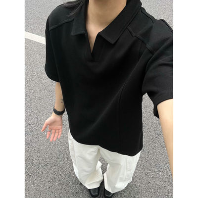 痞帅高级感polo衫男款夏季海鸥领正肩t恤美式黑色短袖重磅五分袖