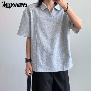 重磅纯色男潮牌宽松休闲半袖 大码 男夏季 短袖 t恤翻领上衣 POLO衫