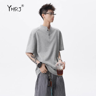 春季 POLO衫 潮牌百搭短款 立领短袖 休闲上衣美式 高街亨利领T恤男款