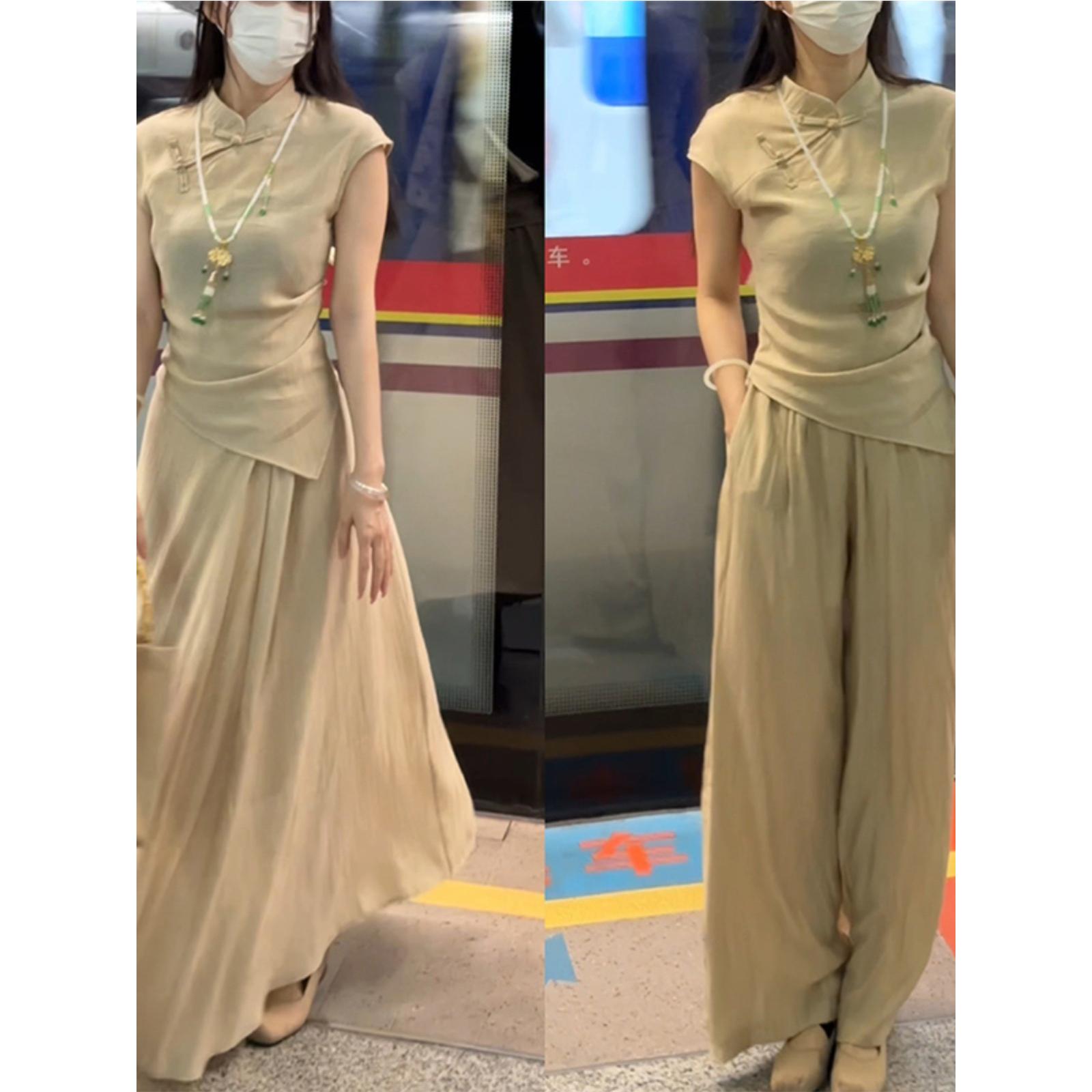 茶系穿搭一整套新中式旗袍上衣女装2025夏季轻奢高级感套装裙