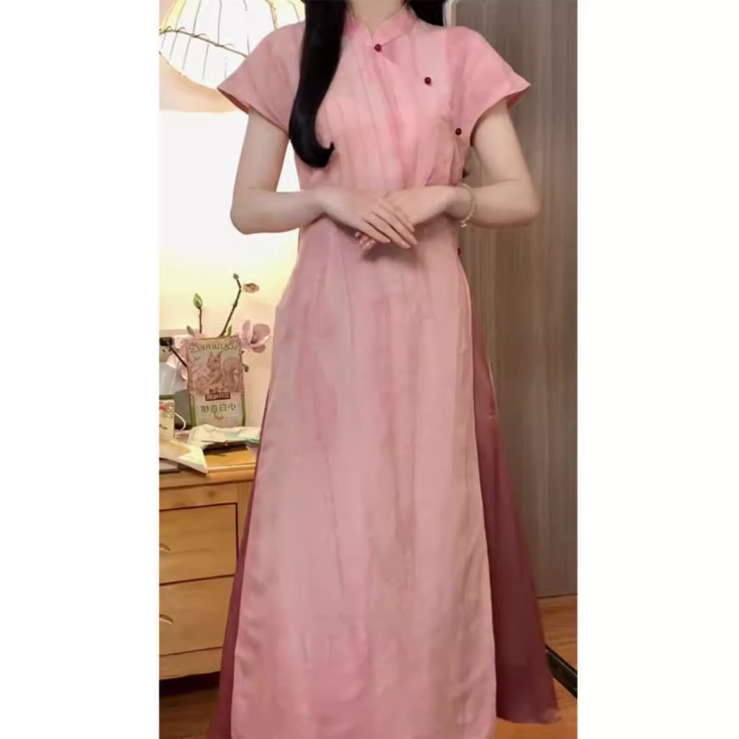 旗袍裙新中式套装女夏季小个子高级感粉色连衣裙阔腿裤两件套