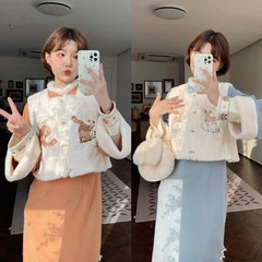 柿柿如意-冬季旗袍加绒加厚新款中式刺绣马甲_连衣裙两件套女