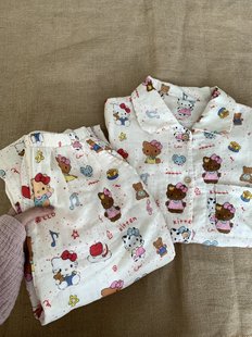 新品！复古黑皮KT全棉双层纱小翻领长袖长裤睡衣女家居服套装