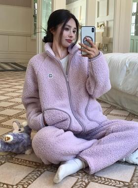 CaCa情侣睡衣羊羔绒冬季立领拉链男休闲外穿运动加厚家居服女套装