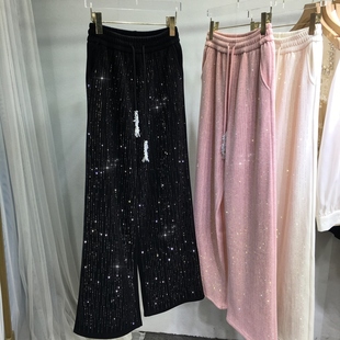 裤 松紧腰秋冬季 子 女欧货重工烫钻软糯显瘦百搭长裤 加绒加厚直筒裤