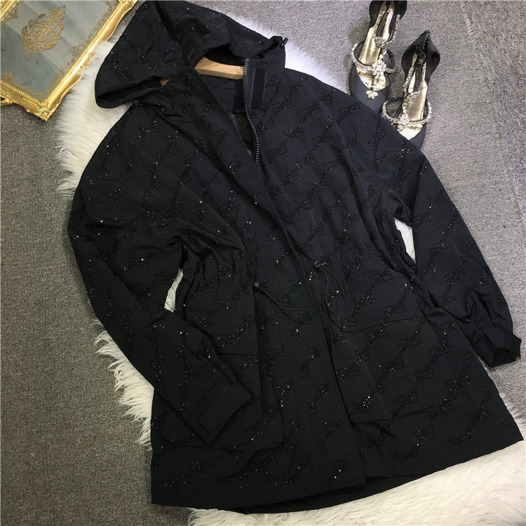 欧货重工烫钻风衣外套黑色宽松中长款显瘦连帽开衫大衣外套春秋季
