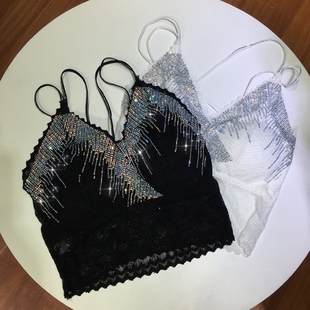 欧货重工烫钻美背女细带抹胸交叉闪亮吊带衫 背心 内搭上衣带垫短款