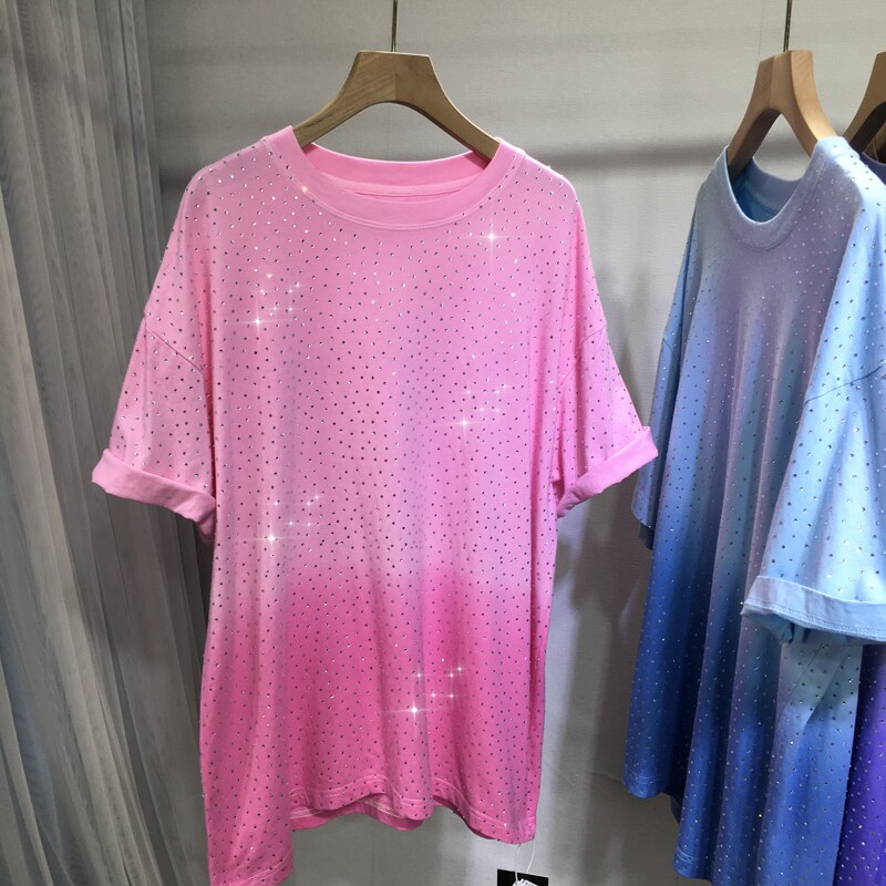 欧货重工烫钻T恤女前后满钻渐变色圆领宽松中长款短袖上衣夏季薄