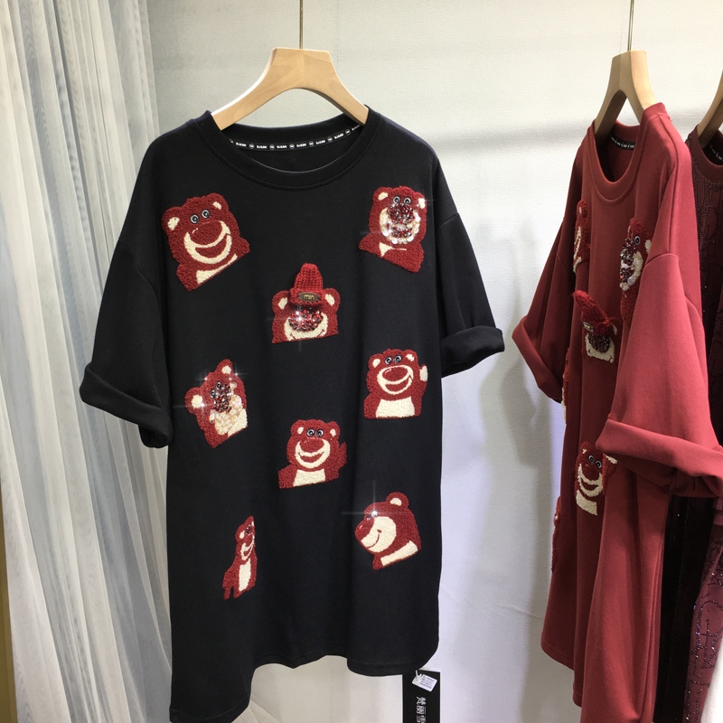 欧货重工钉珠T恤女可爱小熊圆领宽松中长款大板上衣短袖秋冬新款