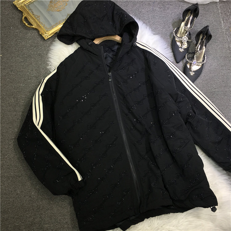 欧货重工烫钻外套女黑色宽松中长款大版连帽大衣春秋季百搭风衣潮