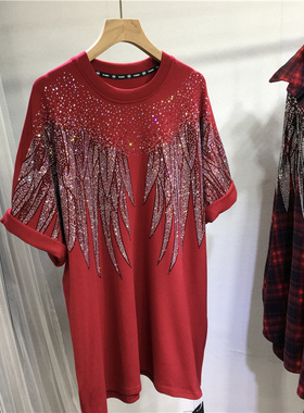 欧货重工前后烫钻T恤女磨毛红色加厚翅膀圆领短袖秋冬宽松中长款