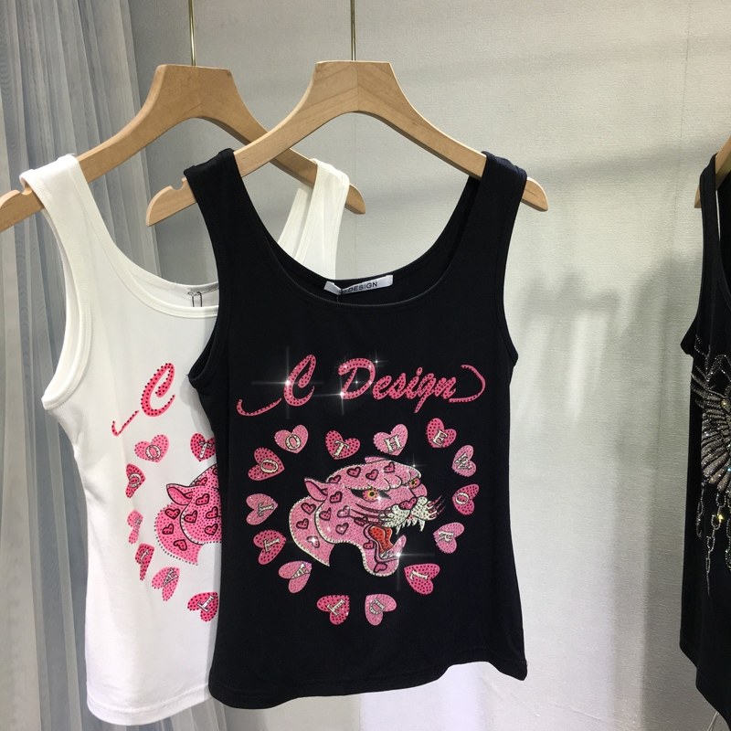 欧货重工烫钻背心女可爱粉红豹子无袖上衣减龄百搭紧身吊带小衫潮,女装/女士精品,背心吊带,淘宝优惠券,粉丝福利购,淘宝优惠卷