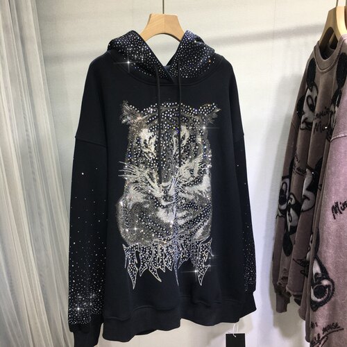 秋冬欧货重工烫钻连帽卫衣显瘦