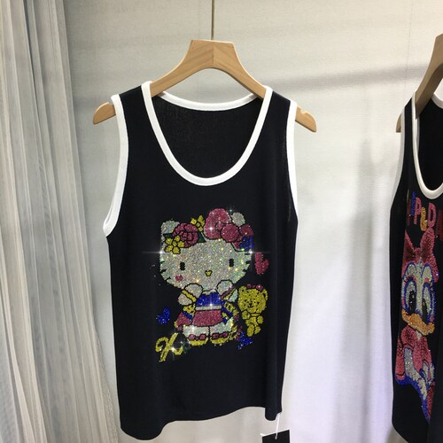 夏季冰丝重工烫钻卡通女背心