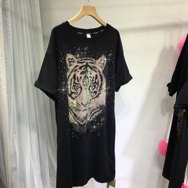 欧货重工烫钻连衣裙霸气老虎头背后大翅膀中长款显瘦黑色t恤裙子