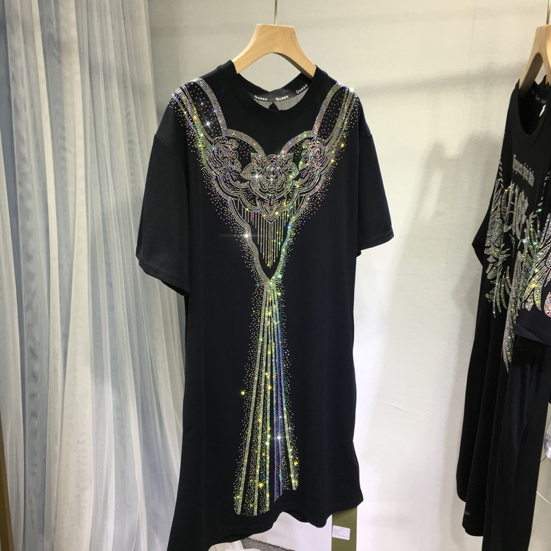 欧美风直筒裙棉不规则烫钻