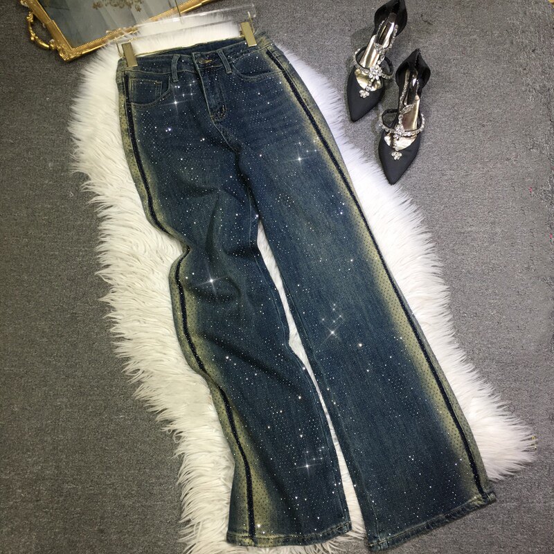 欧货重工烫钻牛仔裤女百搭高腰显瘦高弹力深蓝色水洗直筒裤子春夏