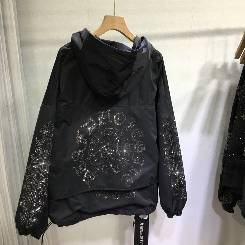 秋冬重工烫钻显瘦女连帽开衫外套