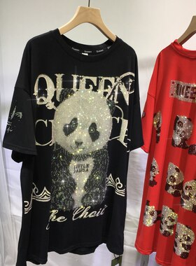 短袖休闲宽松薄烫钻棉女