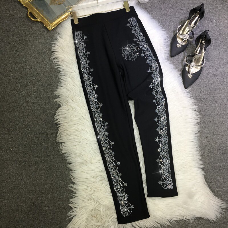 欧货重工烫钻打底裤女黑色中高腰显瘦紧身小脚裤子秋冬新款百搭潮,女装/女士精品,打底裤,淘宝优惠券,粉丝福利购,淘宝优惠卷