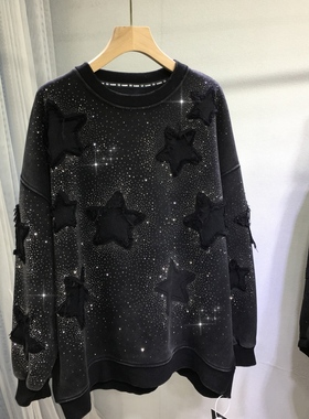 欧货重工卫衣女五星圆领加绒闪亮宽松中长款黑色长袖大版上衣秋冬