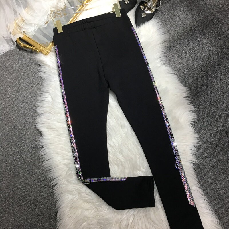 加绒加厚欧货重工烫钻打底裤女高腰显瘦黑色小脚裤子百搭秋冬长裤