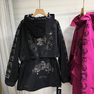 欧货重工烫钻风衣外套女宽松中长款收腰显瘦连帽冲锋衣大衣潮秋冬