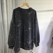 欧货重工烫钻卫衣女前后满钻圆领宽松中长款 大版 上衣显瘦黑色秋冬