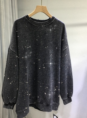 欧货重工烫钻卫衣女前后满钻圆领宽松中长款大版上衣显瘦黑色秋冬