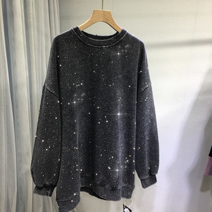 欧货重工烫钻卫衣女前后满钻圆领宽松中长款 上衣显瘦黑色秋冬 大版