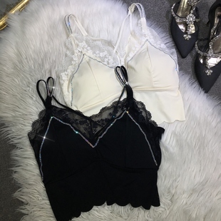 欧货重工烫钻美背女大码裹胸凉快蕾丝细肩带内搭背心上衣露背夏季